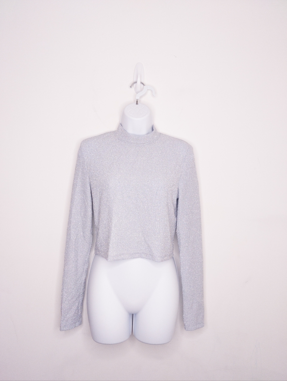Elodie Sparkle Crop Top Mock Neck Icy Blue Size Large